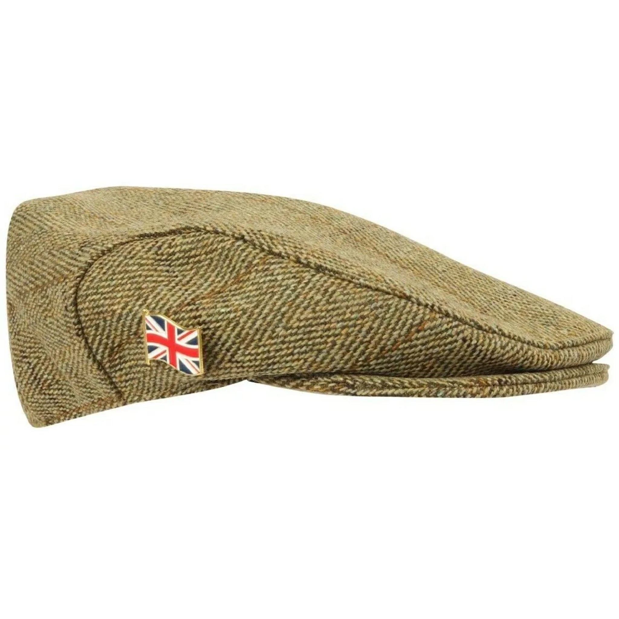 Men's Nicky Adams waterproof tweed flat cap in green with Union Jack pin badge, traditional British country style hat